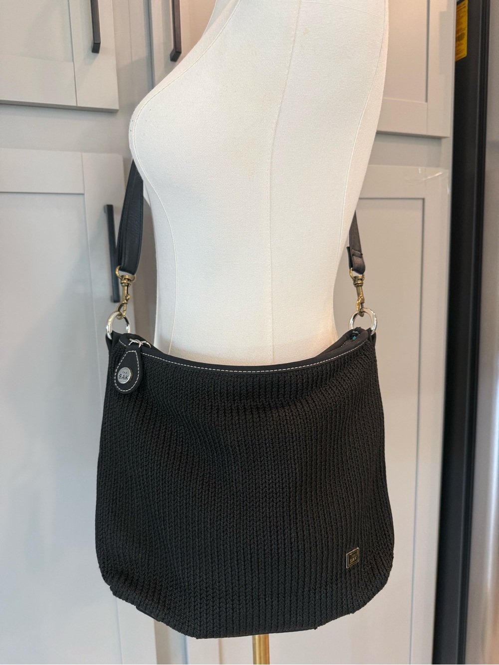 The Sak Black Crochet Knit Shoulder Bag Boho Hobo Purse